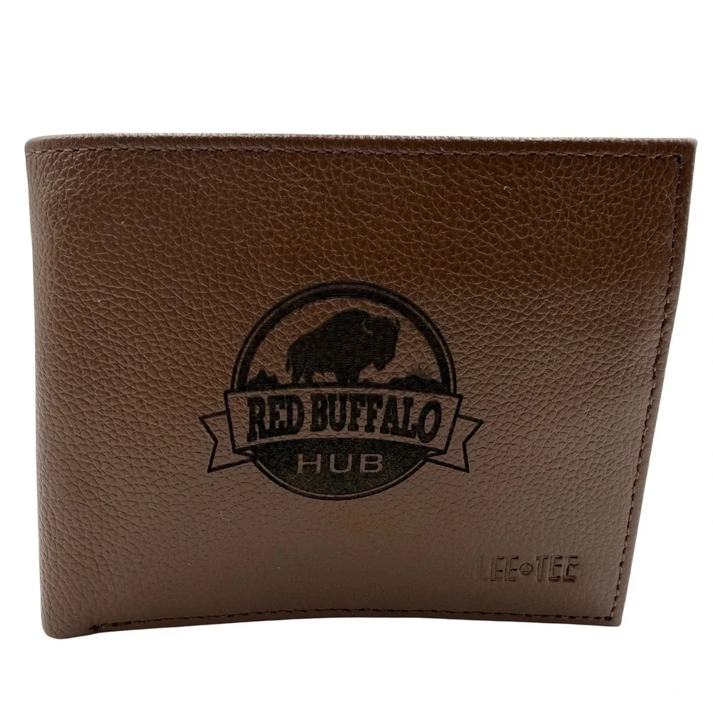 Lee-Tee Red Buffalo Hub Brown Pebbled Leather Bifold Wallet Zipper Pocket Mens